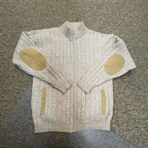 Orvis Men's Full Zip Mock Neck Sweater Beige Ribbed Knit Elbow Patches Size S